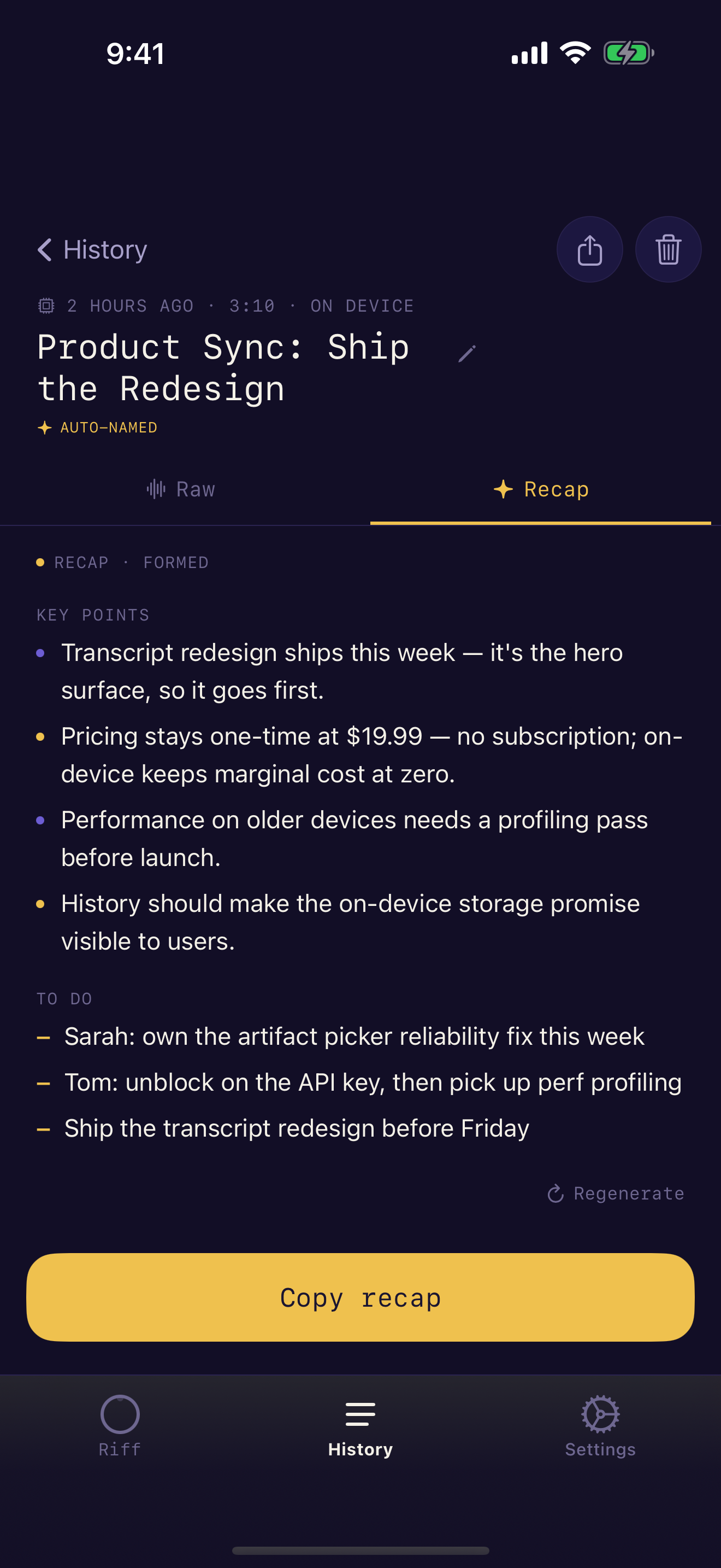 The clean recap Riff generates on-device