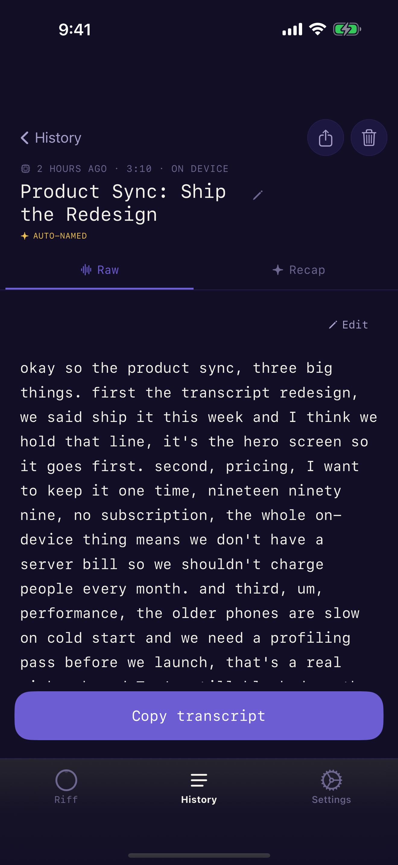 A raw Riff transcript